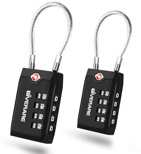 2 Pack TSA Approved Travel Luggage Locks, 4-Digit Cable Combination Suitcase Lock, Metal Alloy Padlocks, Weatherproof Padlock for Locker, Bag, Gun Case, Backpack, Anti Theft, Easy Read Dials-Black