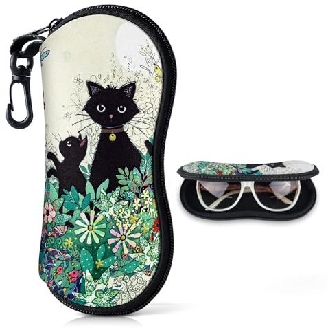 Etui Lunettes, Etui a Lunette Souple en Néoprène pour Femmes&Hommes, Porte Lunettes de Protection Rangement Lunettes de Soleil avec Fermeture Eclair, étui Lunettes avec Mousqueton (Chat Fleur)