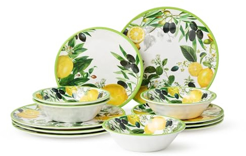Limone 12-Piece Melamine Dinnerware Set - Citrus-Inspired, Service for 4, Durable, Shatterproof, Dishwasher-Safe Plates and Bowls for Everyday Dining, Outdoor Use, and Entertaining