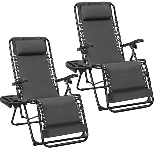 Yaheetech 2er Set Sonnenliege Liegestuhl Klappbar Gartenliege mit Kopfkissen & Becherhalter Tragbare Relaxliege für Strand/Garten/Balkon, Dunkelgrau