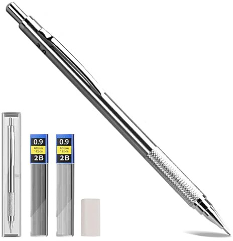 0,9 mm mekaniska metallpennor med 8 2B blypåfyllningar och 4 radergummi, perfekt för att skriva, rita och skissa