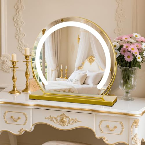 TYhogar Espejo de Maquillaje con Luz 3 Colores de Temperatura Ajustable 360° de Rotación 40x40cm 9W Control Táctil Espejo de Maquillaje Enchufable para el Hogar Dorado