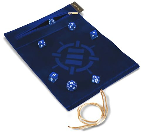 ENHANCE Tapis de Jeu de Dés Roll on a Scroll et Ensemble de 7 Dés en Acrylique – Étui à Dés en Velours, Support et Plateau Compatibles avec DND et Autres Jeux de Table – Bleu
