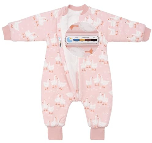 SIMYJOY Baby Sleeping Bag with Legs 2.5 Tog Cotton Toddler Sleep Sack with Feet & Arms Winter Long Sleeves Sleepsuit Wearable Blanket with Foldable Foot Covers for 2-3 Years Boy Girl, Pink Goose