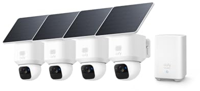 eufy Security Telecamera eufyCam, Kit da 4 con Pannello Solare, Sicurezza Esterna, Panoramica 360°, Rilevamento AI, Qualità 2K, Senza Fili, Telecamera da Esterno eufy, con Homebase