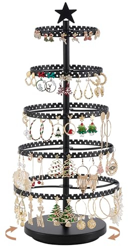 Lolalet 5-Tier Rotating Earring Holder Organizer, Metal Earring Display Stand Large Tree-shaped Rack for Studs Hoops Dangling Earrings, Gift for Women and Girls -Black