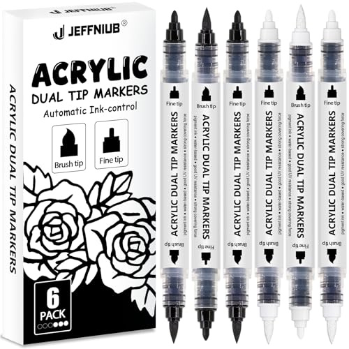 JEFFNIUB Acrylic Paint Pens, Black and White Set of 6 Dual Tip Markers for Rock, Metal, Glass, Wood, Paper, Fabric, Porcelain, Ceramic – Fine & Brush Tip Paint Markers for Crafts Art Drawing