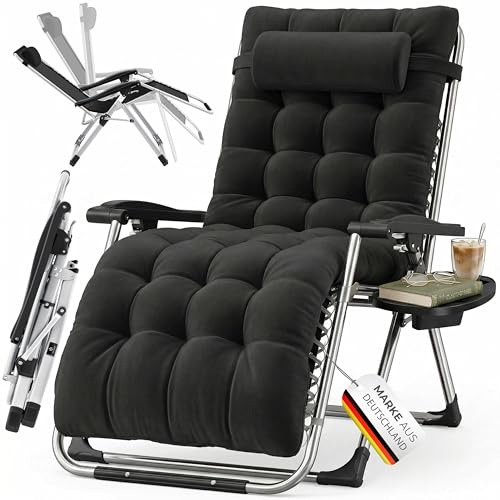 KESSER Chaise longue pliable et résistante aux intempéries - Charge maximale : 200 kg - Rembourrage ergonomique - Extra large - Dossier réglable - Avec coussin de nuque et porte-gobelet - Noir