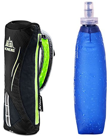 AONIJIE Bolsa de Mano Nylon Running con Botella de Agua Flexible Deporte para Correr Maratón Senderismo (Negro - botella de 500ml)