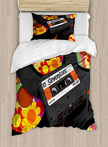 Ambesonne 70s Party Duvet Cover Set, Compact Cassette Player and Some Vinyl Records with Seventies Text Oldschool, Decorative 2 Piece Bedding Set with 1 Pillow Sham, Twin Size, Multicolor