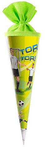 goldbuch 93 578 Geschwistertüte Fußballer, Schultüte mit Fußball-Muster, Lackkarton, Geschenkverpackung mit grünem Filzverschluss (ohne Verschlussband), Zuckertüte rund, Länge 35 cm, Ø 11,5 cm, Grün