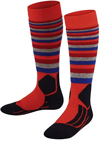 FALKE Unisex Kids SK2 Intermediate Stripes Ski Socks, Medium Cushion, Patterned, Breathable Quick Dry, Merino Wool, Orange (Samba Orange 8182), 7-9.5, 1 Pair