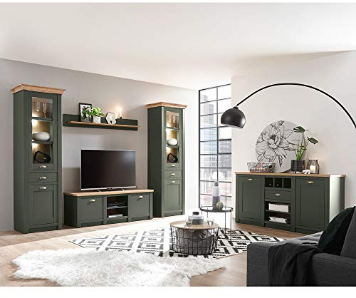 Lomadox TV Media Wohnwand & Sideboard Set im Landhausstil, in grün mit Wotan Eiche, mit Beleuchtung