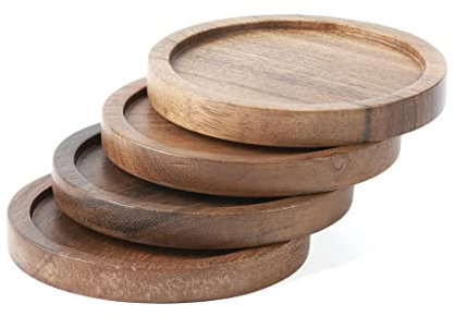 Hazelton Oaks Wooden Coasters Set of 4, Round Coaster with Lip, Acacia Wood Drinks Coasters, for Protection of Surfaces, Dining Table, Stylish Housewarming, Home and Office Accessory