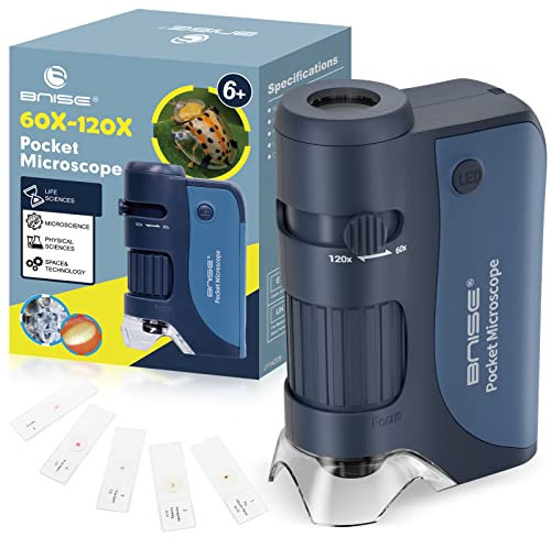 Taschenmikroskop 60-120-facher Zoom mit LED, Handmikroskope für Kinder, Tragbares Mini-Mikroskop mit 5 Mikroskop-Objekten zum Lernen, Bildung und Erkunden