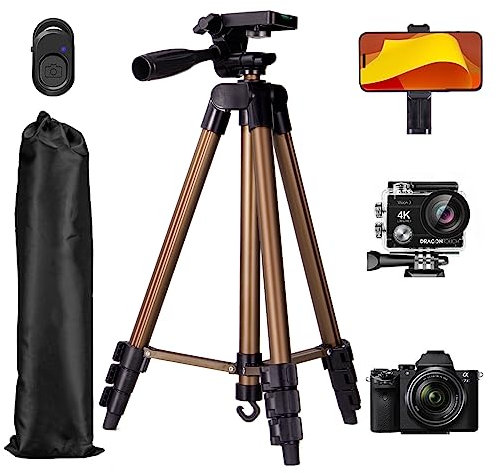 Handy Stativ, Lusweimi 140 cm Leicht Stativ, Aus Aluminium iPhone Halterung Stativ mit Handyhalterung, Fernbedienung und Tragetasche, Vlogging Stativ Für iPhone 15 Pro/Xiaomi/Samsung/Kamera (Braun)