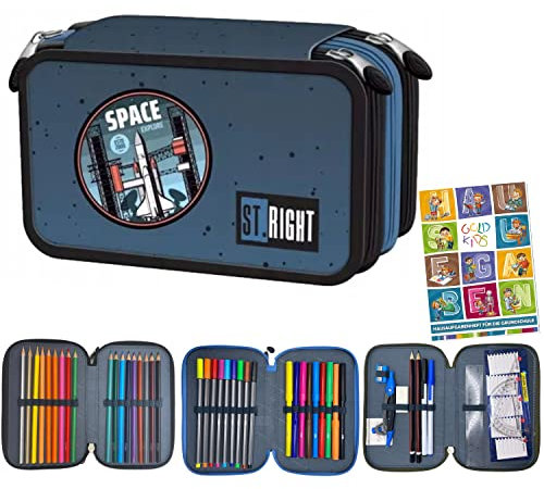 Goldkids St. Right XXL Federtasche Federmappe Federmäppchen 46-teilig gefüllte Schüleretui 3-stöckig 19 x 13 x 7 cm inkl. Hausaufgabenheft Space Moon