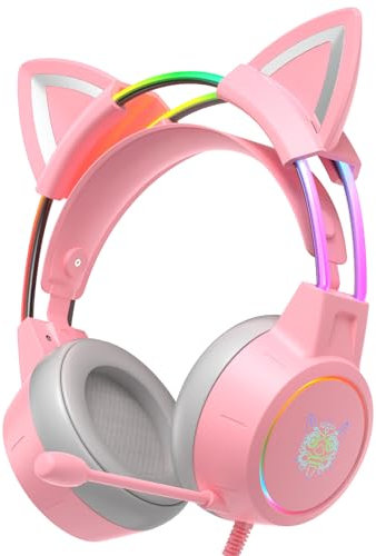 PHNIXGAM Casque de jeu avec oreilles de chat avec microphone, casque léger de 3,5 mm avec cadre en aluminium RVB, son surround, compatible avec PS4, PS5, Xbox One, adaptateur non fourni, pour PC et