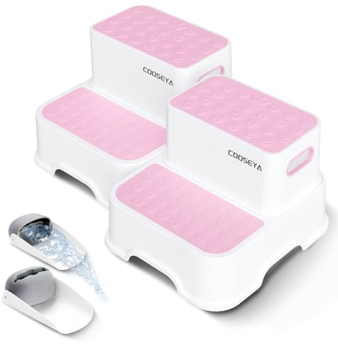 COOSEYA 2 Step Stools for Kids,Toddler Step Stool for Bathroom Sink,No-Slip Double up Stepping for Toddlers, Multifunctional Toilet Potty Stool for Kids,Toilet Potty Training(2 Packs)(Pink)
