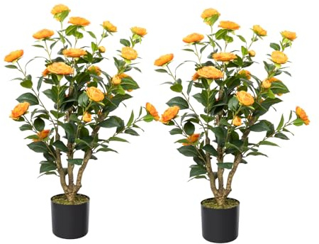 Howngyesimu Artificial Camellia Tree, 3FT Faux Camellia Plant in Pot with Orange Flowers for Spring Home Front Door Outdoor Indoor Decoration