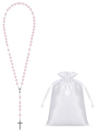 Sinmoe 3er Set Herz Rosenkranz zur Erstkommunion mit Erstkommunionskarten und Beutel mit Kordelzug Rosenkranz Halskette aus Metall Katholische Perlen Kreuz Halskette für Taufgeschenke (Rosa)