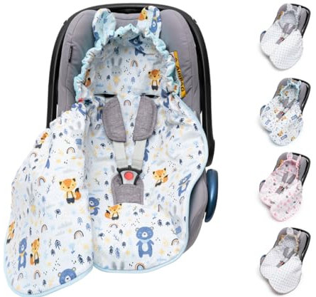 Mikos Einschlagdecke Babyschale Herbst, Winter, mit Kapuze für Neugeborenes, für Kindersitz Kinderwagen, Autositz, z.B. für Maxi-Cosi, 3-Punkt Gurt, Pucksack für Babys, Kinderautositz (51