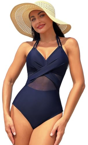IMEKIS Traje de baño de malla monokini para mujer, sin mangas, cuello en V, push-up, traje de baño de verano, azul marino, L