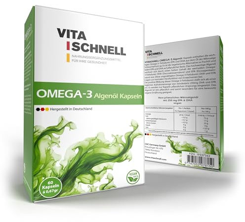 Vita Schnell Omega 3 Algenöl – 60 hochdosierte Kapseln mit 250mg EPA und DHA – Vegan, glutenfrei & laktosefrei – Ohne Allergene – nachhaltig produziert