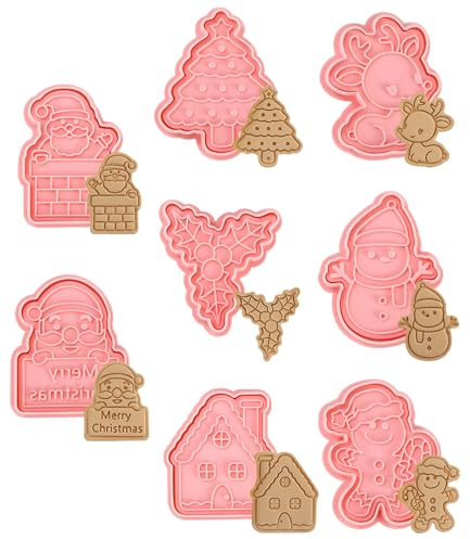 FAOKZE formine biscotti natale, 8 pezzi tagliabiscotti natalizi, Pressable Formine per Biscotti, 3D stampi biscotti natale, per motivo torte decorazione biscotti cottura cucina accessori