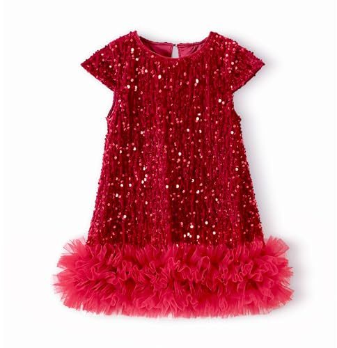 Miipat Vestido Niña Bebé de Terciopelo Lentejuelas Manga Corta Vestidos Niñas Pequeñas Elegantes Invierno Otoño Ropa Princesa para Fiestas Cumpleaños y Bodas(Rojo 90 18-24 Meses