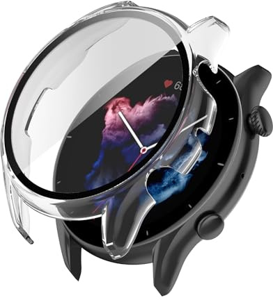 YAODLE Kompatibel med Amazfit GTR 3 46 mm fodral med 9H härdat glas skärmskydd, heltäckande ultratunt PC-skyddsskydd (genomskinlig)