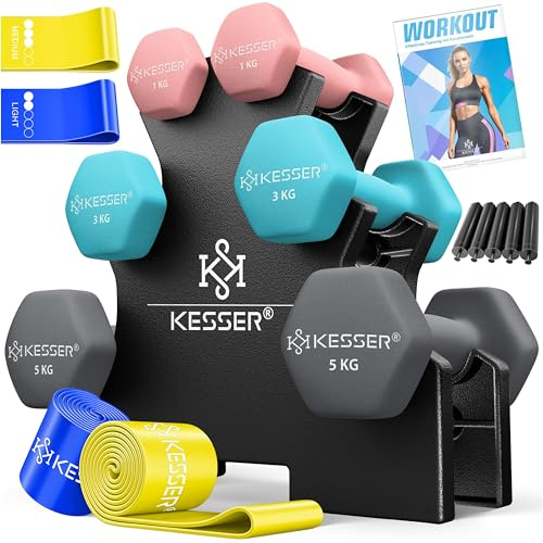 KESSER® Set di 3 paia di manubri, da 1kg a 5kg, 12kg o 18kg con supporto per riporli, per palestra, allenamento di forza, set di manubri in neoprene antiscivolo, con libretto di esercizi, 2x fasce