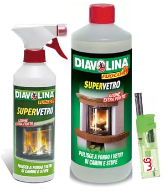 Diavolina Supervetro, Detergente Pulitore Specializzato ad Azione Extra Forte per Pulire a fondo i Vetri di Camini e Stufe dalla Fuliggine con Accendino GM (Kit 1,5lt)