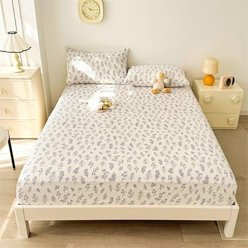 Mesnt Spannbetttücher Boxspringbett, 150x200cm Botanische Pflanzen Bettwaren Spannbettlaken mit einem Paar Kopfkissenbezügen aus Baumwolle Weich und Knitterfrei, Atmungsaktiv und bequem, Lichtgrau