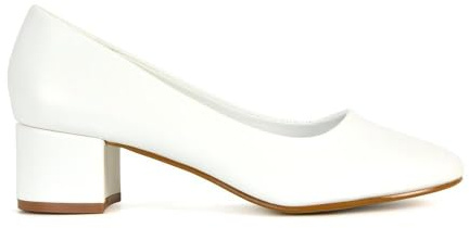 Women's Low Heel Court Shoes Ladies Slip On Formal Office Evening Party Bridal Block Heeled White Synthetic Leather Shoes Size 5