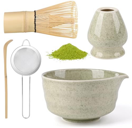 5 Pièces Matcha Kit, Ensemble à Matcha, Kit à Matcha, Avec Cuillere Matcha, Bol Matcha Bec Verseur, Fouet a Matcha, Support de Fouet à Matcha, Tamis à Matcha, pour La Cérémonie Du Thé Matcha (B)
