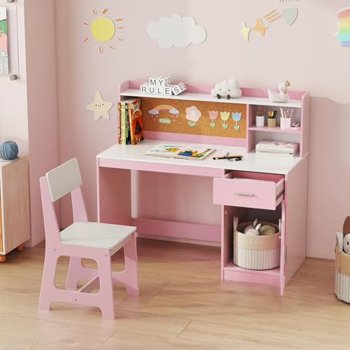DREAMADE Bureau Enfants, Table d'Étude avec Chaise, Étagère, Tableau d'Affichage, Tiroir, Armoire pour Lecture, Dessin, Bricolage, pour Salon, Chambre d'enfant (Rose)