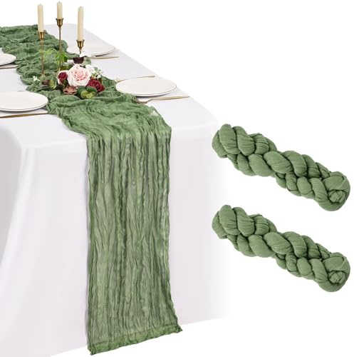Showgeous Paquete de 2 Caminos de Mesa de Gasa Verde Salvia 55x300cm Caminos de Mesa de Gasa Boho Decoraciones románticas y rústicas para mesas de Bodas, Baby Showers, cumpleaños