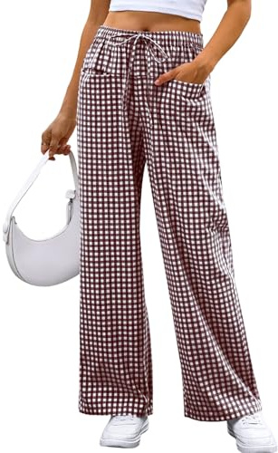 Ranphee Pantalon Femme Plaid Taille Haute Elastique Fluide Jogging avec Poches Large Pants