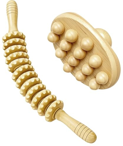 Premium Faszienroller med 14 kulor i trä - 2-pack med handtag för effektiv muskelavslappning, minskar trötthet & celluliter. Perfekt för hem, resor eller kontor.