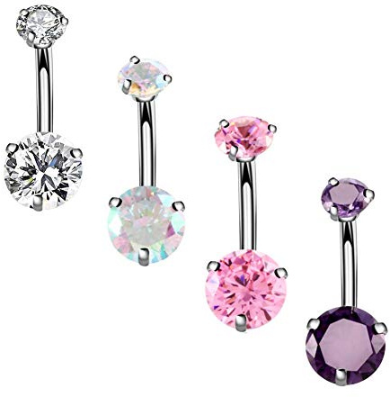 YHMM 14G Surgical Steel Belly Button Rings, Internally Threaded 12mm Long Round CZ Navel Barbell Stud for Women Men (4 Pcs Clear+Colorful+Pink+Purple)