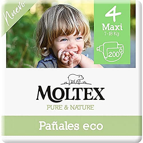 Moltex Pure & Nature 200 weiße Öko-Windeln mit bedrucktem Design, Größe 4 (9-15 kg), 4 Beutel mit 50 Stück