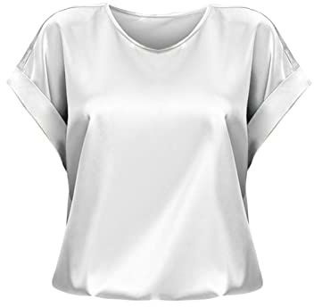 Camicia Raso Manica Corta Primavera Estate Casual Maglietta Girocollo Top Rosso Donna Sexy, bianco, L