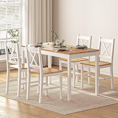 sogesfurniture Juego de comedor de 5 piezas, con mesa de comedor, 108 x 65 x 73 cm, y 4 sillas, rectangular, para salón, comedor, color blanco y teca (10QDLC)