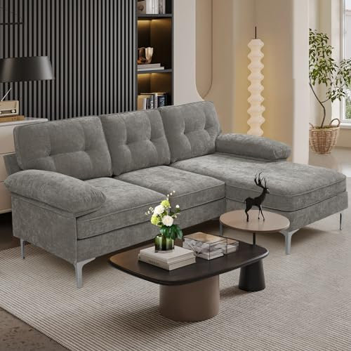 MEROUS Ecksofa - Chenille Sofa Polsterecke Couch in L-Form - Waschbare Kissen - Chaiselongue beidseitig montierbar - 210cm Breit Eckcouch Klein mit 3 Sitzer für Wohnungen/Wohnzimmer - Grau