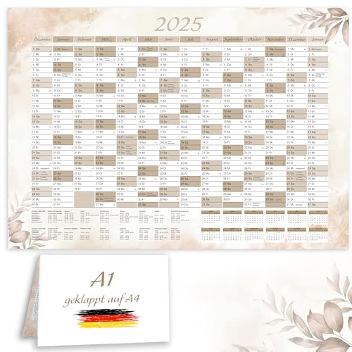 XXL Jahreskalender 2025 + Januar 2026 Jahresplaner in A1 im schönem beigen Design mit Ferien und Feiertagen Wandkalender Wandplaner Kalender Planer gefaltet gefalzt