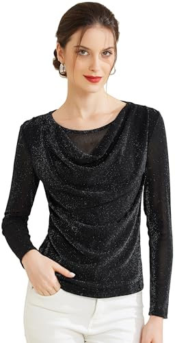 Allegra K Haut Femme en Tulle Pailleté Chemisier Brillant Col Bénitier Manches Longues Bureau/Soirée/Cocktail Semi-Transparent Léger Noir L