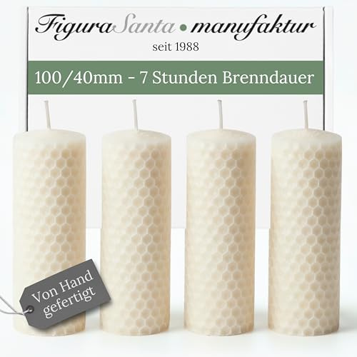 Figura Santa® Set med 4 bivaxljus vita 10 x 3,8 cm – bikakeljus 100 % ljus bivax ekologiskt handgjorda – ljus adventskrans, julstearinljus honungsmjus utan paraffin – 7,5 timmar. Bränntid