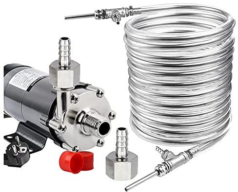 Refrigeratore di mosto in acciaio inox 9,52 x 0,5 x 10 con pompa, tubo a spirale per birra fatta in casa per un raffreddamento efficiente, scambiatore di calore magnetico a controflusso