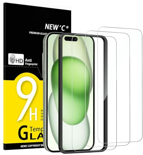 NEW'C 3 Pack, skärmskydd i glas för iPhone 16 Plus,15 Plus (6,7 tum), bubbelfri, 9H hårdhet, 0,33 mm ultratransparent, ultrabeständigt härdat glas,Enkel installationsverktyg inkluderat